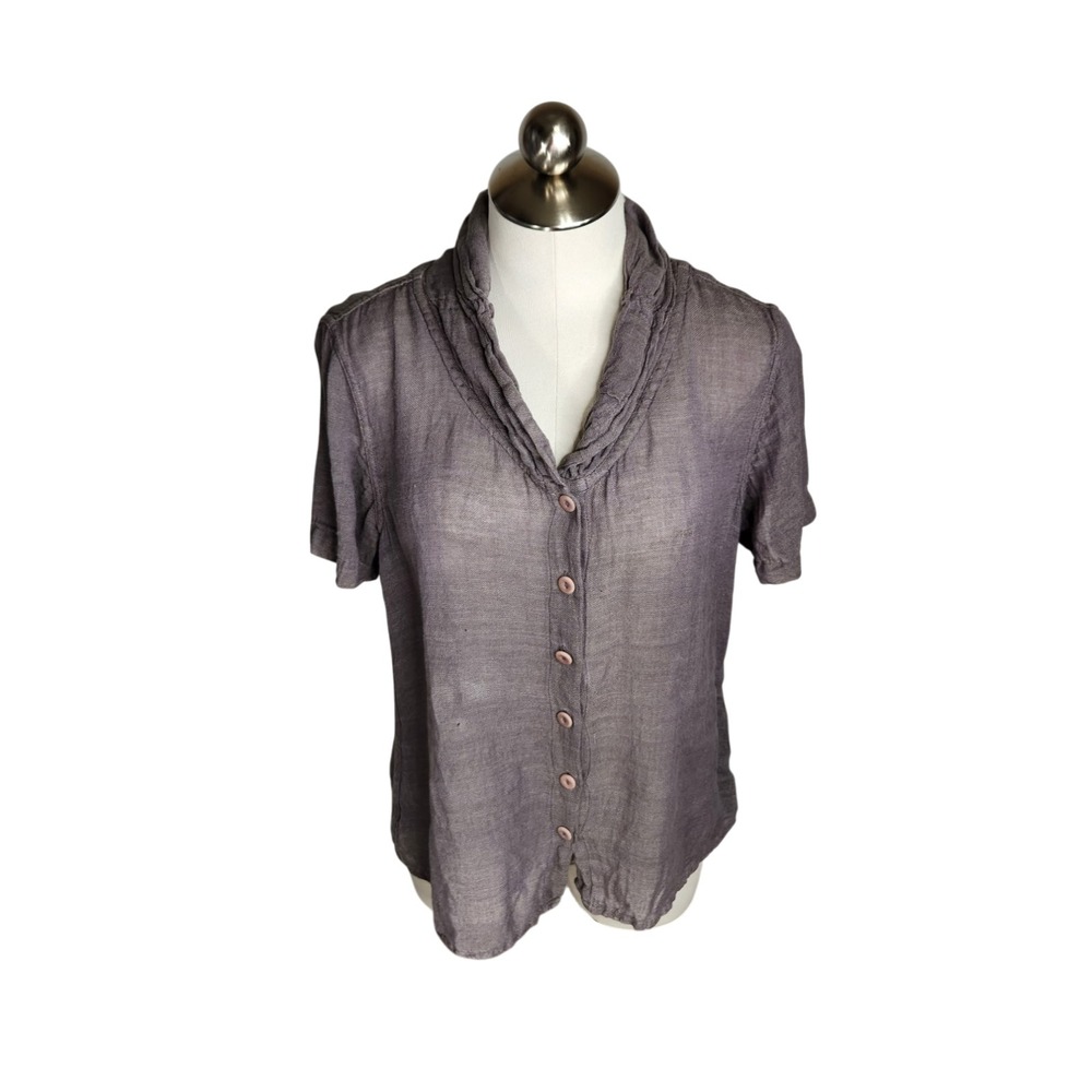 Flax Shirt Womens Small Linen Cotton Short Sleeve Button Up Blouse Top Purple